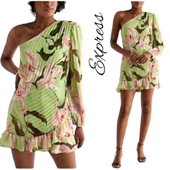 Express Green Floral One-Shoulder Skort Dress Sz M NWOT - Picture 1 of 11